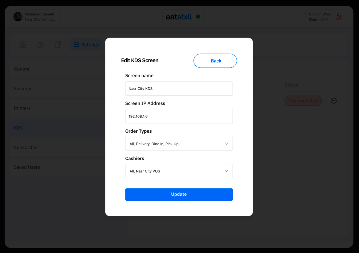 The Edit KDS Screen dialog with Screen name, Screen IP Address, Order Types, and Cashiers