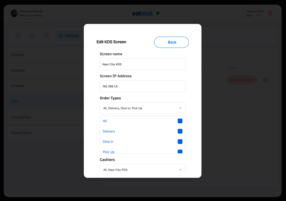 The Order Types multi-select with All, Delivery, Dine In, and Pick Up
