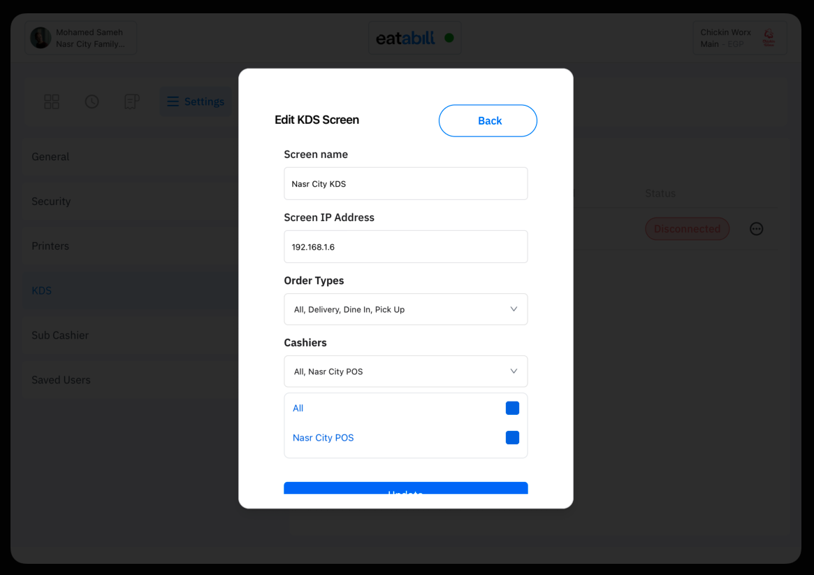 The Cashiers multi-select with All and Nasr City POS