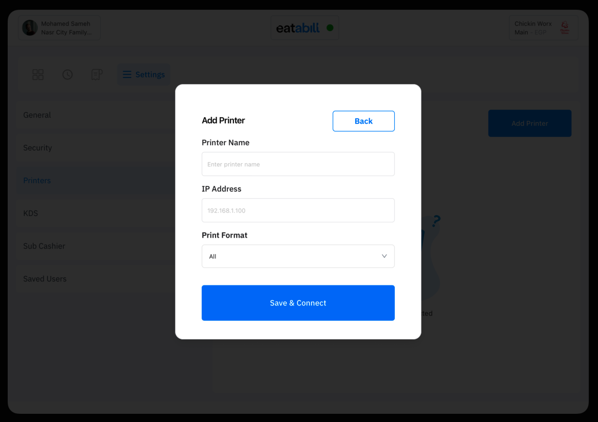 The Add Printer form with Printer Name and IP Address fields