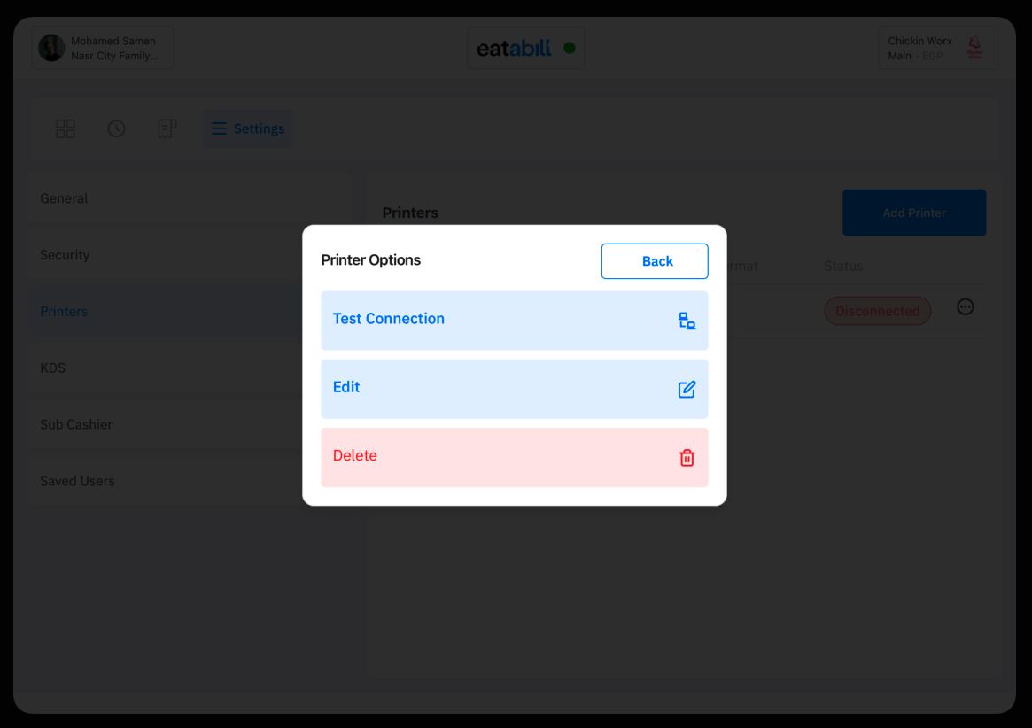 The Printer Options menu with Test Connection, Edit, and Delete