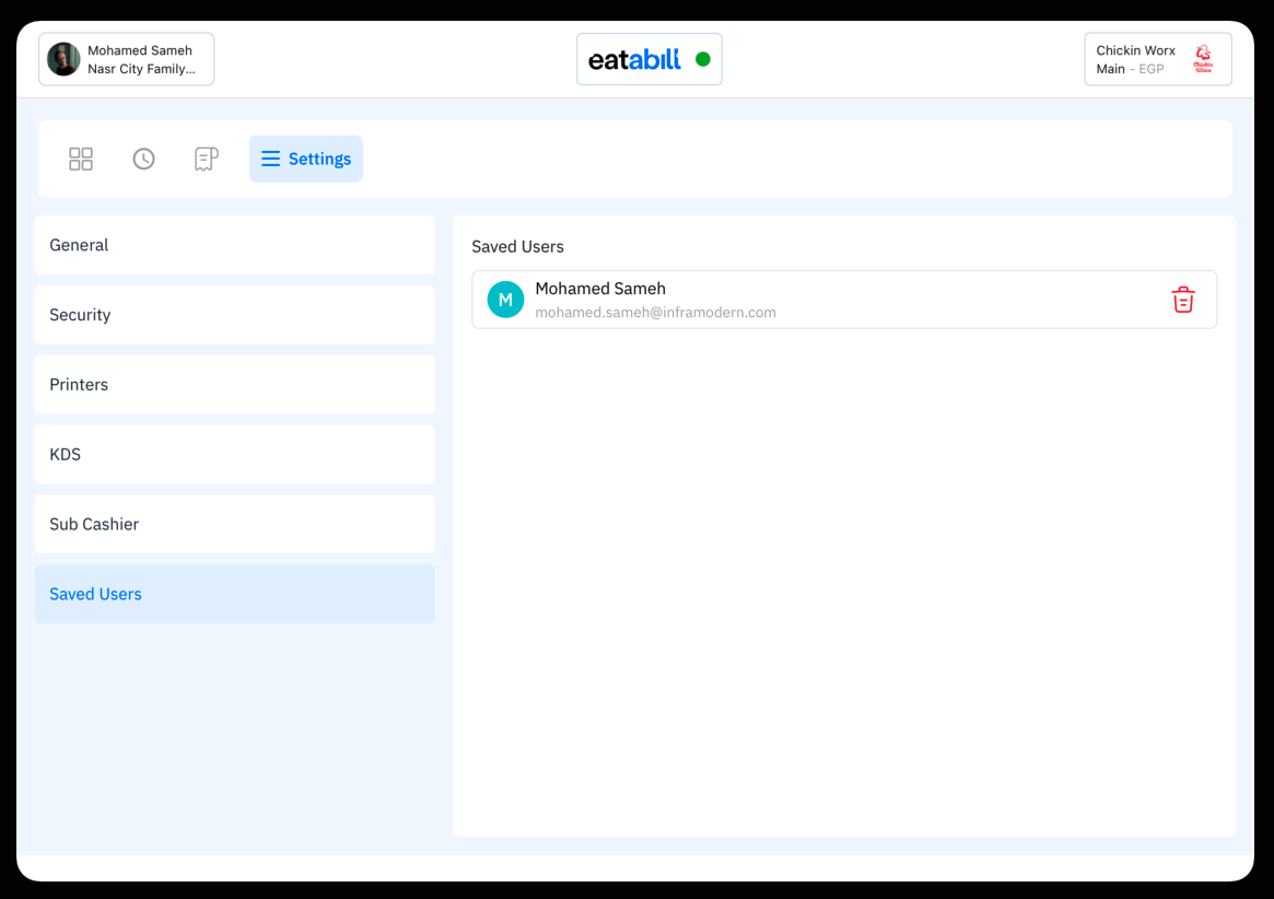 The Settings list with Saved Users selected, showing one cached account