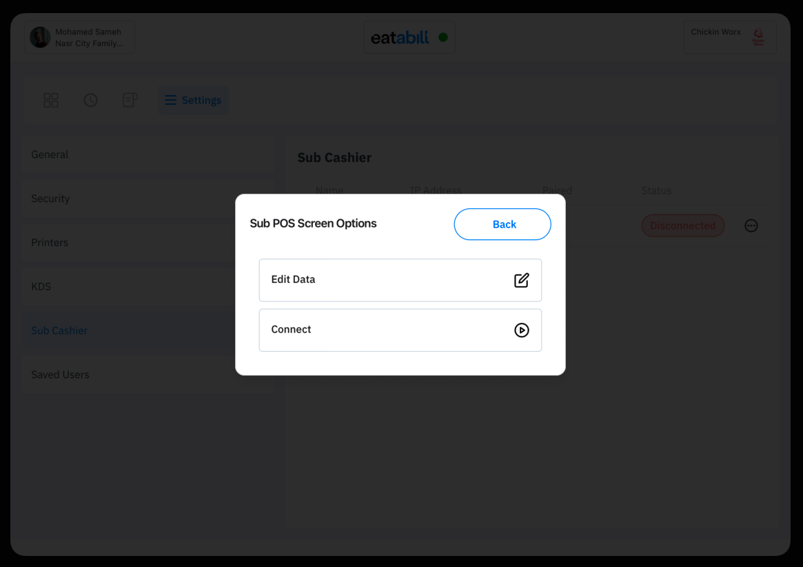 The Sub POS Screen Options menu with Edit Data and Connect