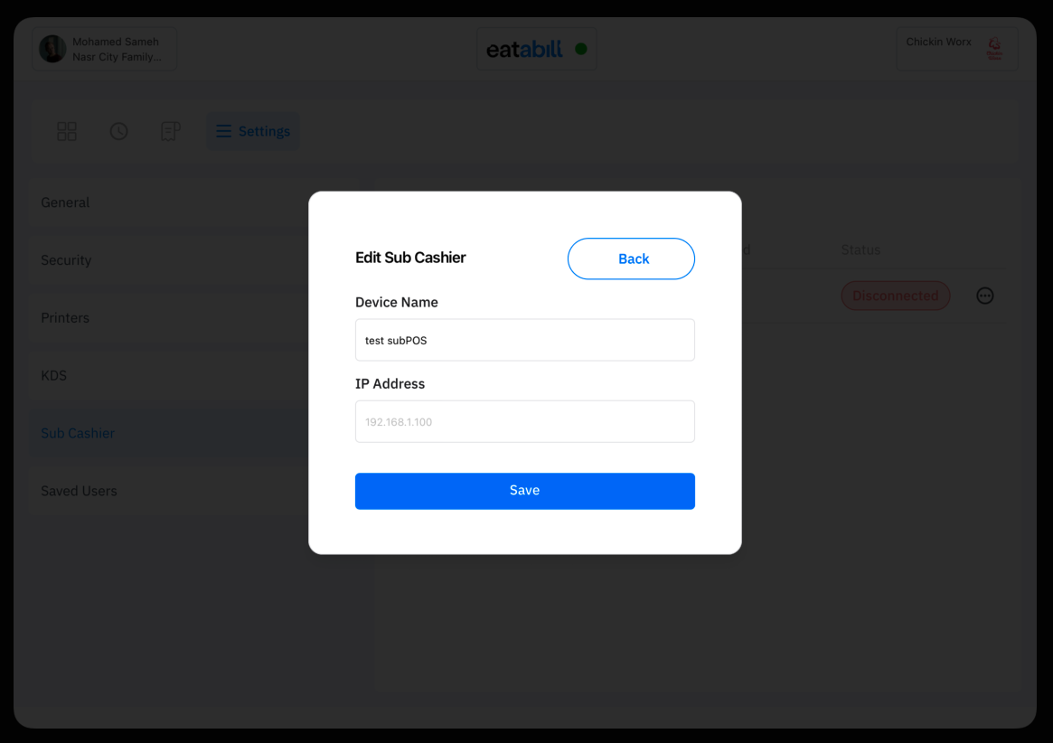 The Edit Sub Cashier dialog with Device Name and IP Address fields