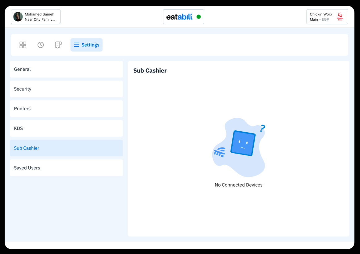 The SubCashier page with no SubPOS devices assigned