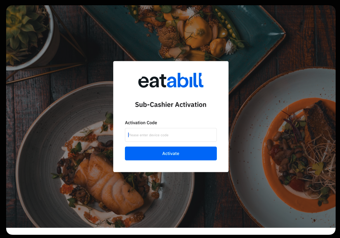 The Sub-Cashier Activation screen with an Activation Code field