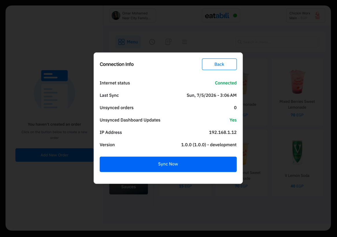 The Connection Info dialog with internet status, last sync, unsynced orders, and a Sync Now button