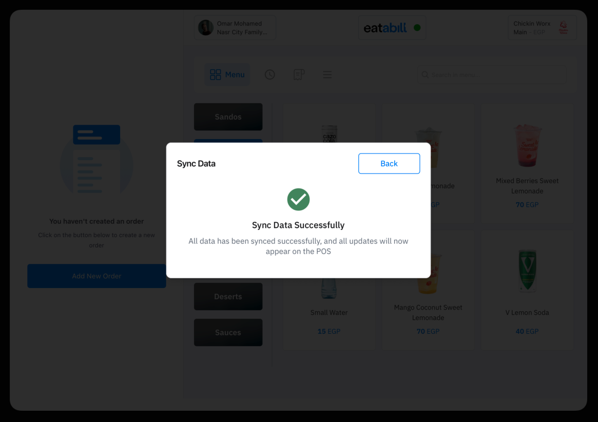 Sync Data Successfully, with a note that updates will appear on the POS