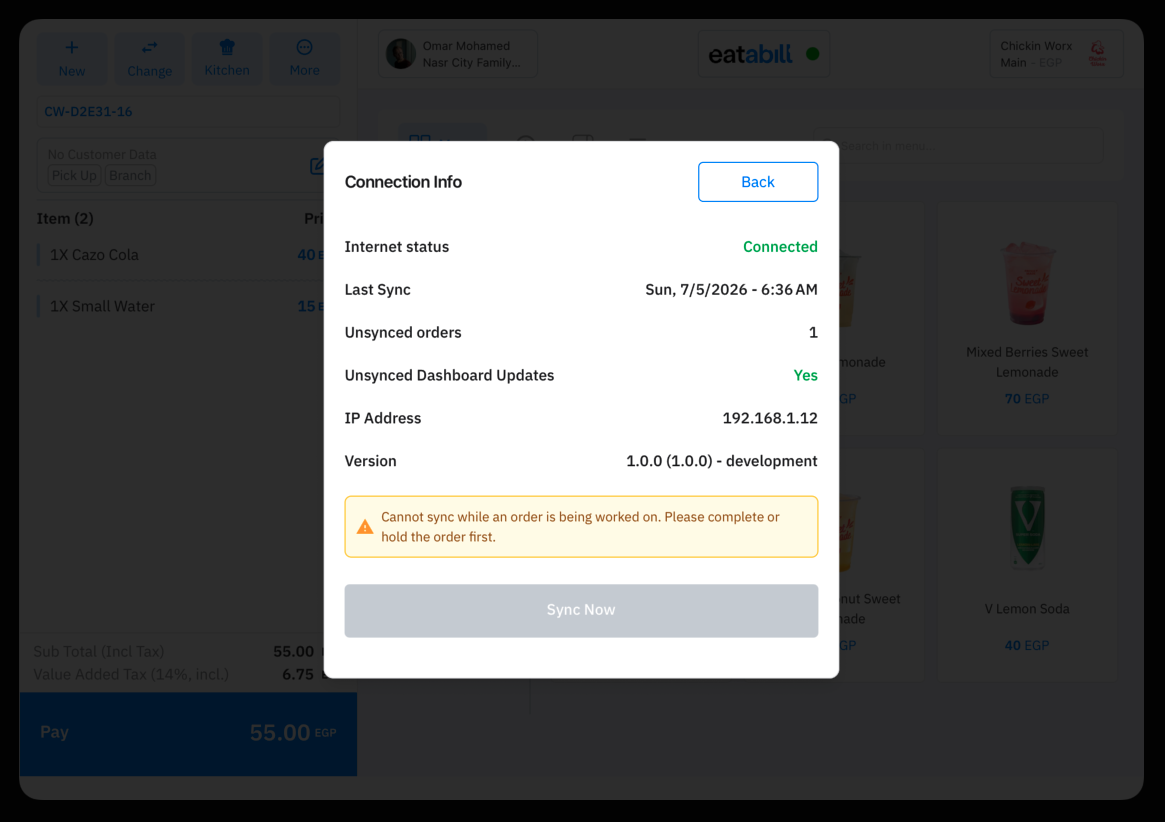 Connection Info with Sync Now disabled and a warning about a working order