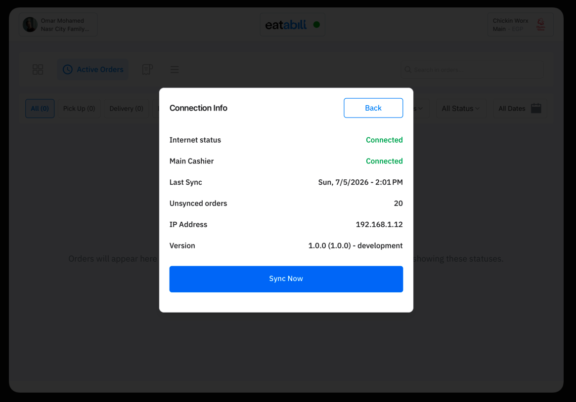 Connection Info on a SubPOS, with an extra Main Cashier connection status row
