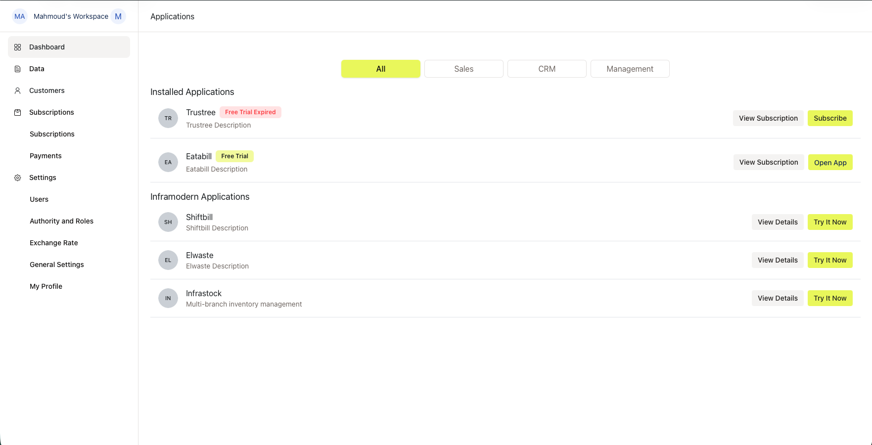 Applications dashboard after sign-in