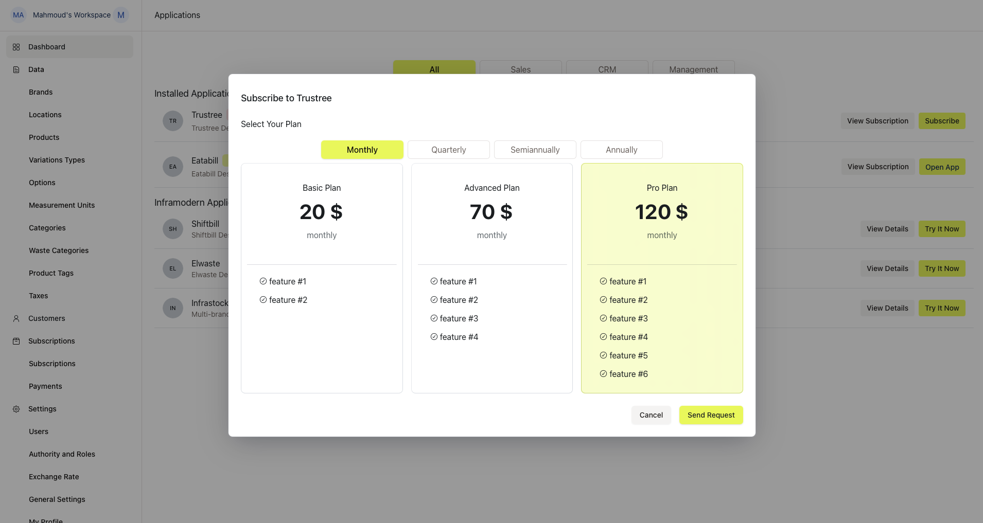 The Subscribe window with Monthly/Quarterly/Semiannually/Annually tabs and Basic, Advanced, and Pro plan cards