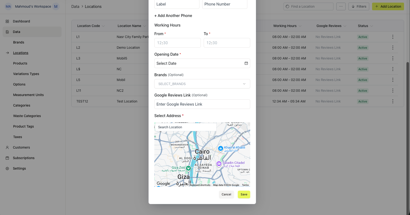 Add location form with name, address, brand, and timezone fields