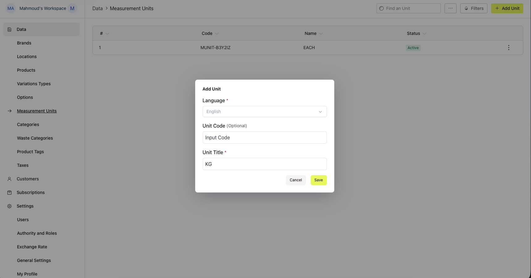 Unit name and abbreviation fields