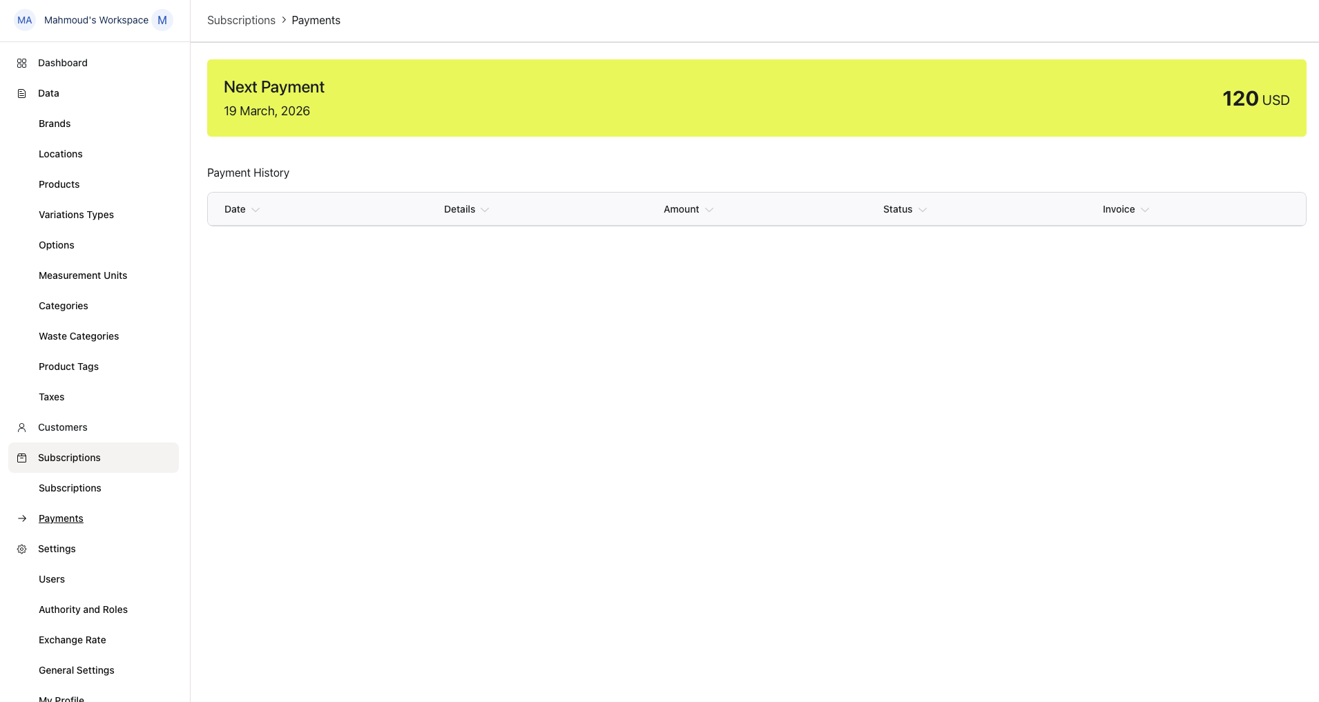 The Payments page with a Next Payment banner and a Payment History table