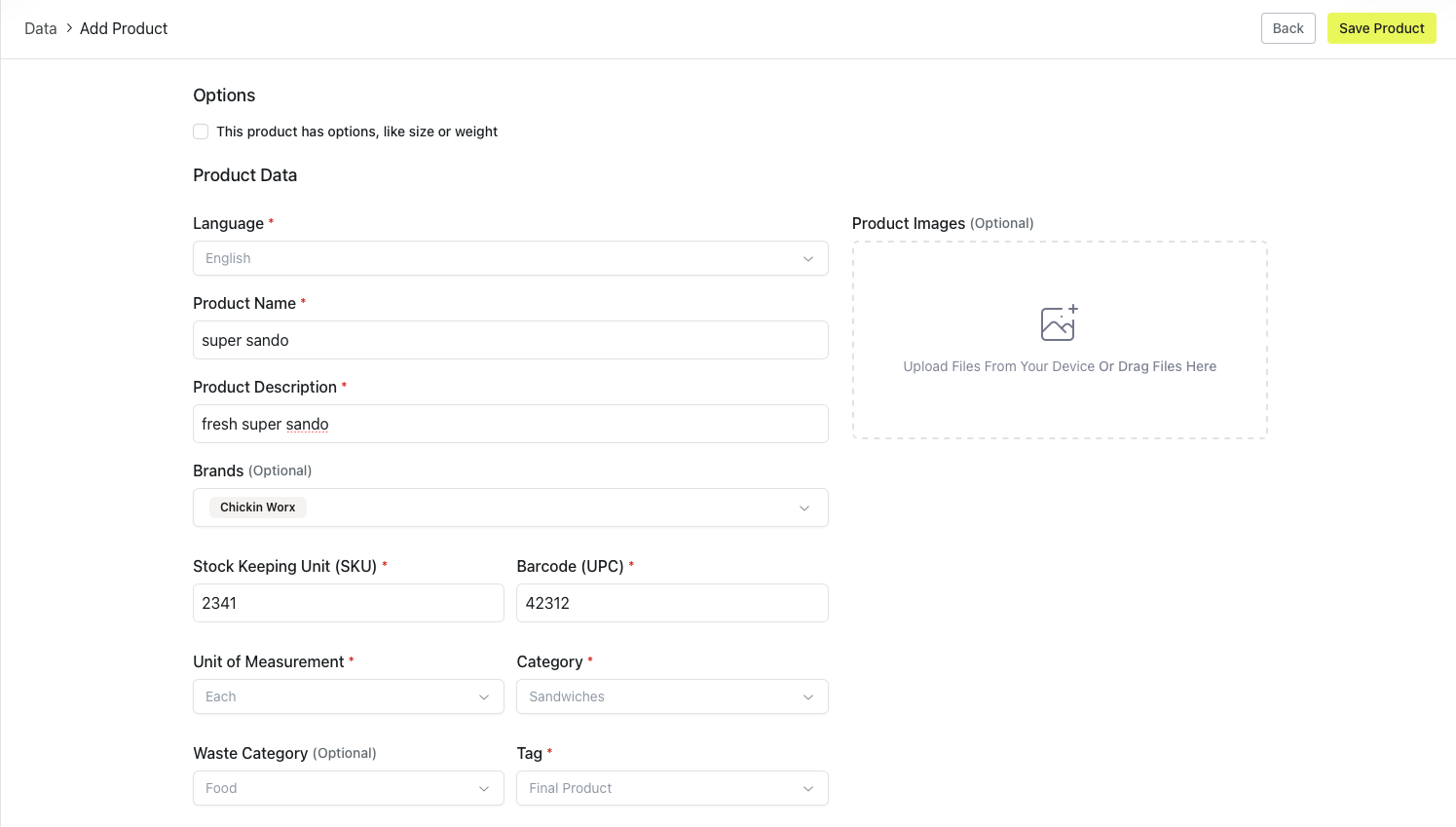 Entering product name, category, and tags