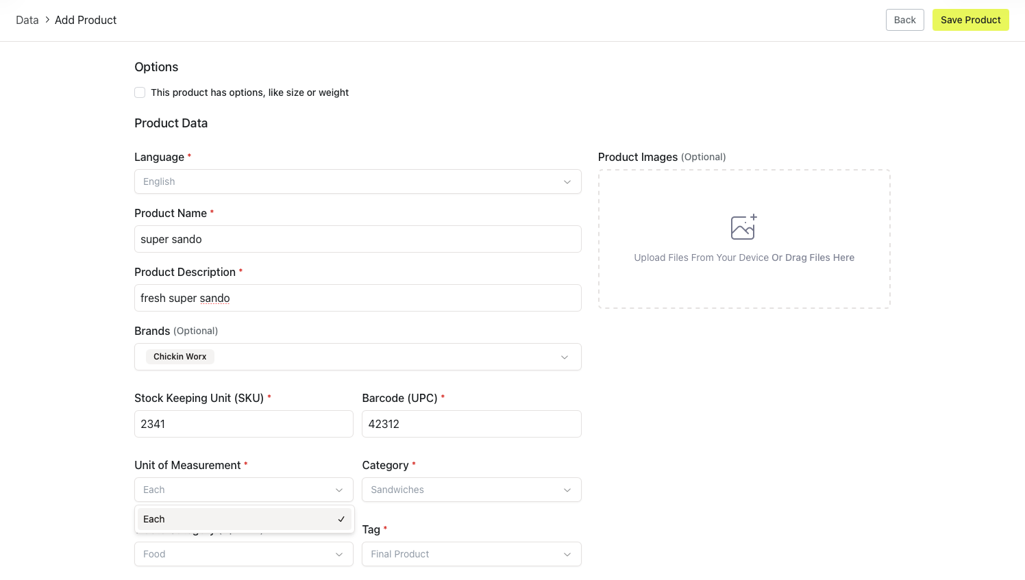 Selecting measurement unit and entering SKU/UPC