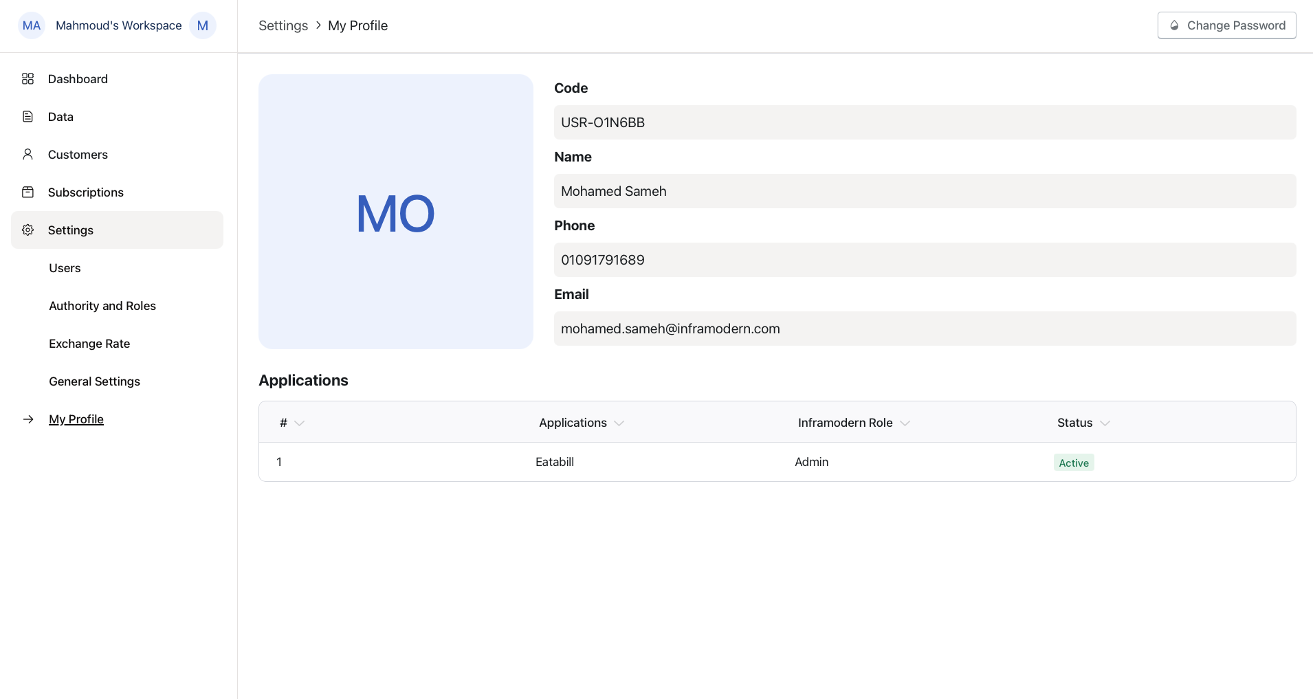 The My Profile page showing Code, Name, Phone, Email, and an Applications table with Inframodern Role and Status