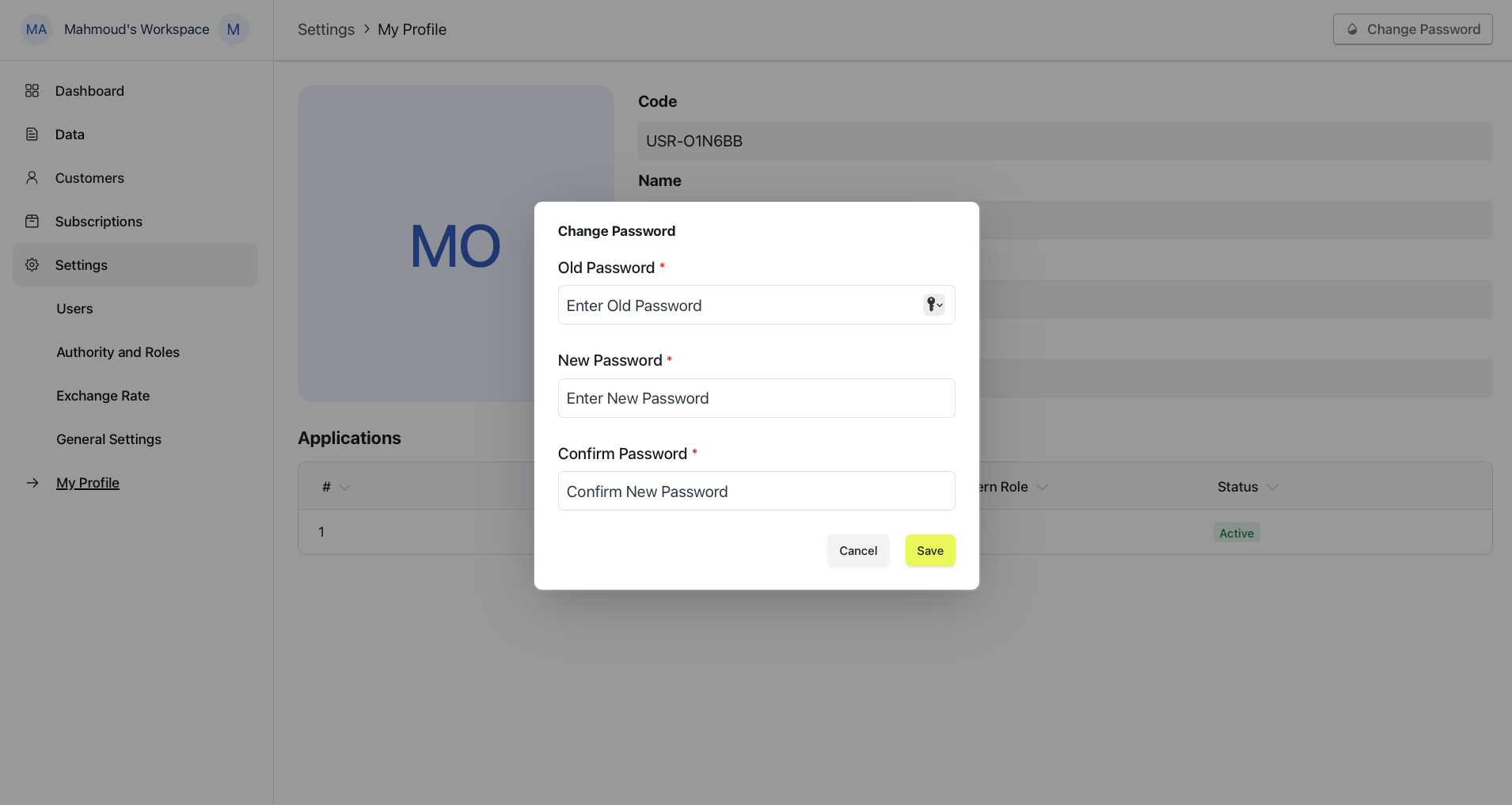 The Change Password window with Old Password, New Password, and Confirm Password fields