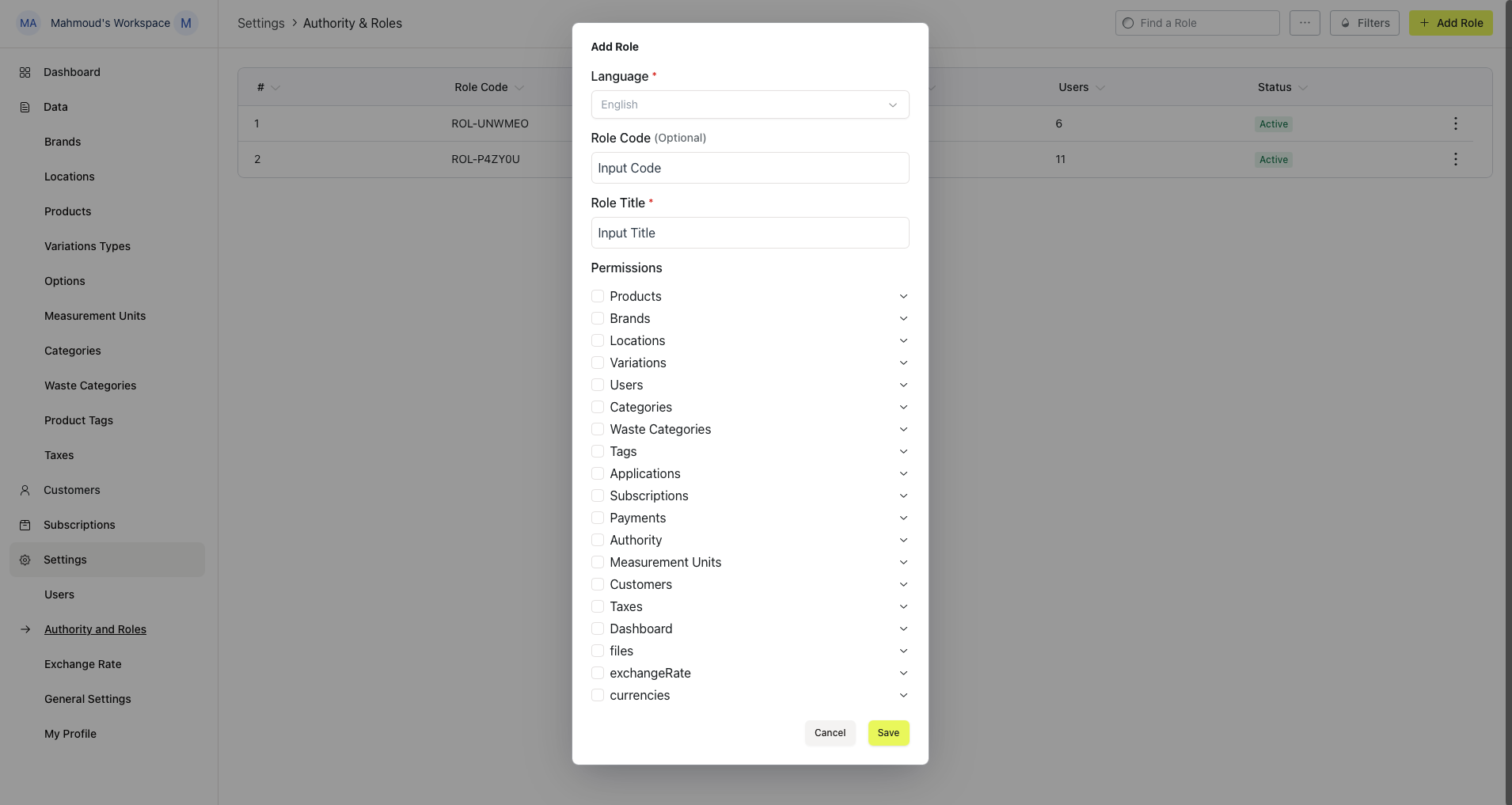 The Add Role form with Language, Role Code, Role Title, and the grouped Permissions list