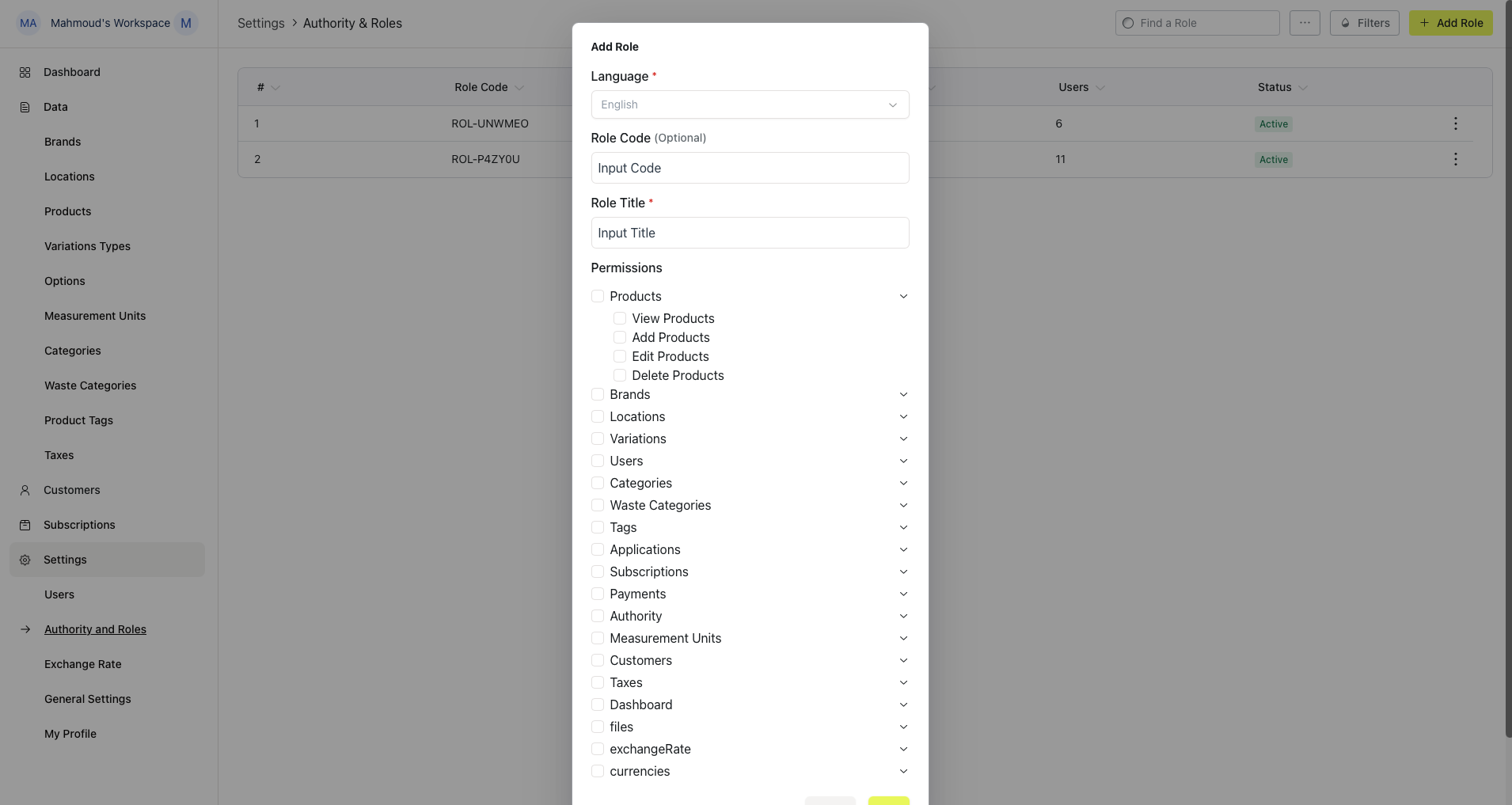 The Products group expanded to show View, Add, Edit, and Delete Products checkboxes