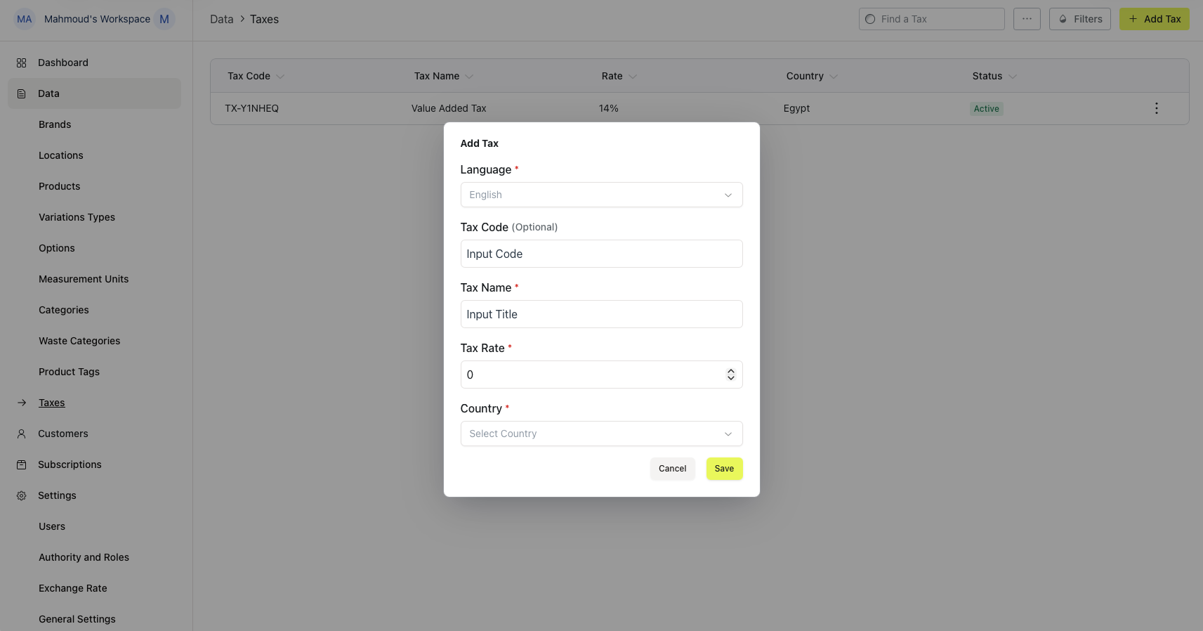 Entering tax name and rate and country