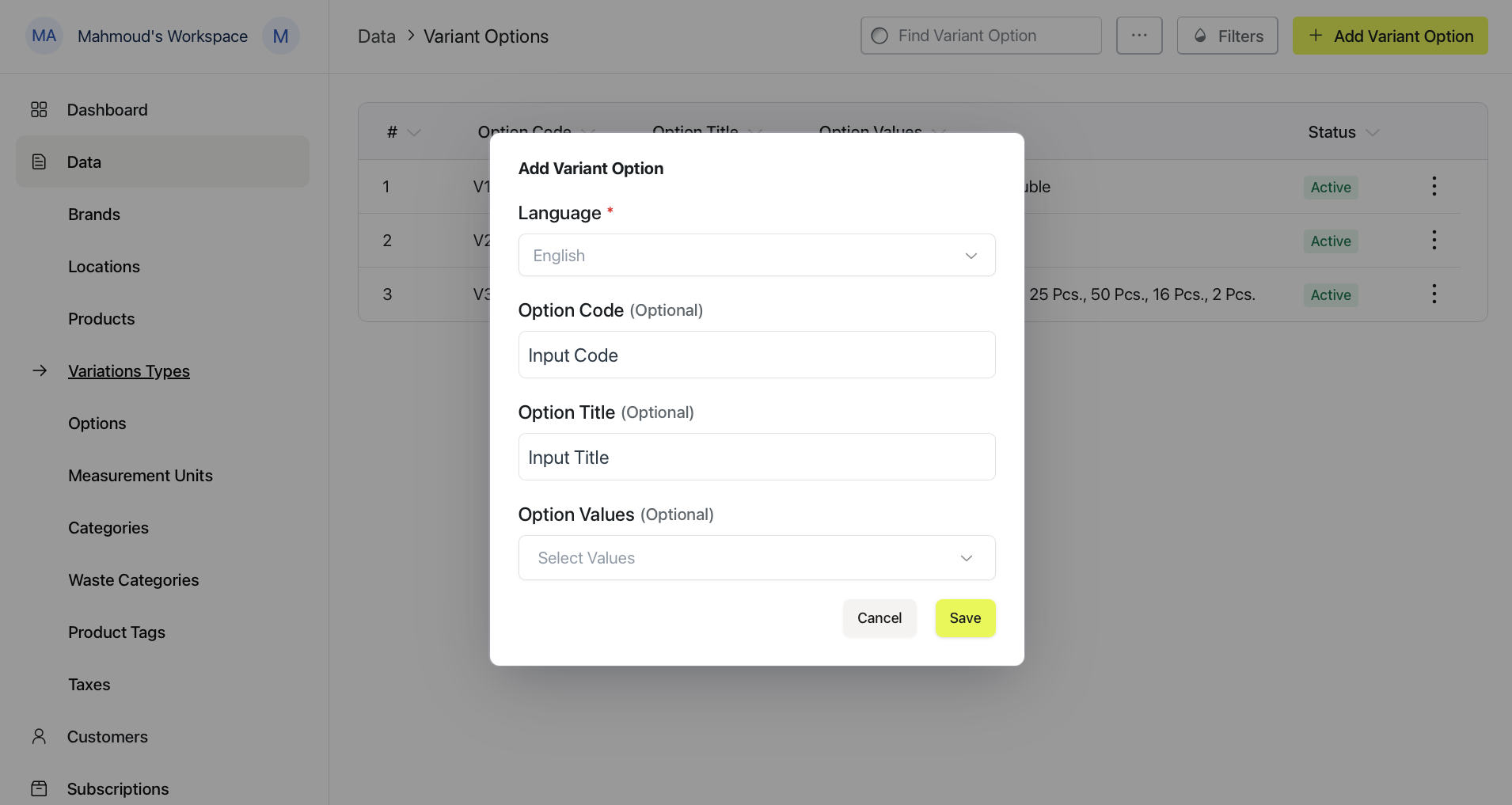 The Add Variant Option form with Language, Option Code, Option Title, and Option Values