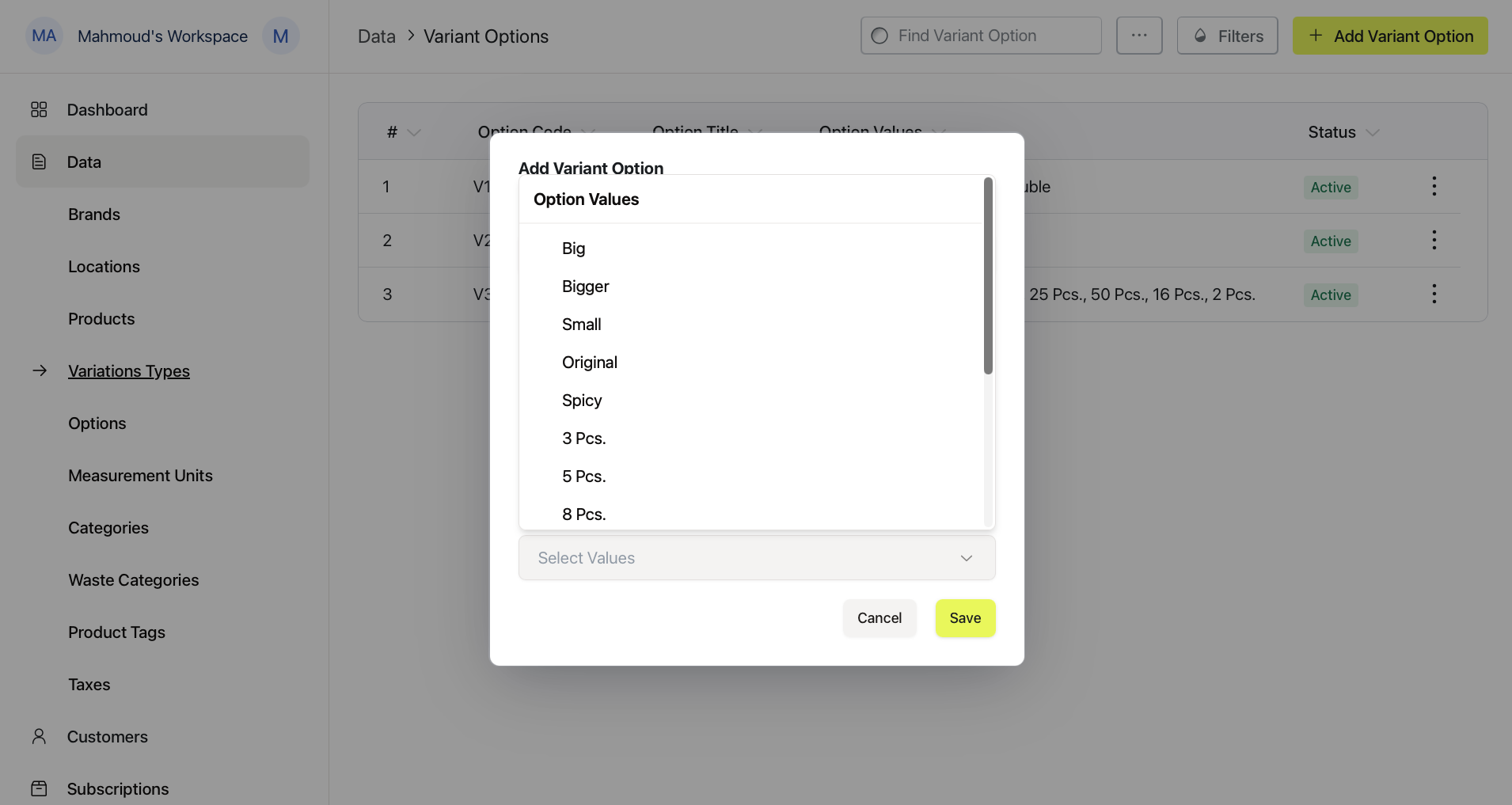 The Option Values dropdown listing existing values like Big, Bigger, Small, Original, Spicy