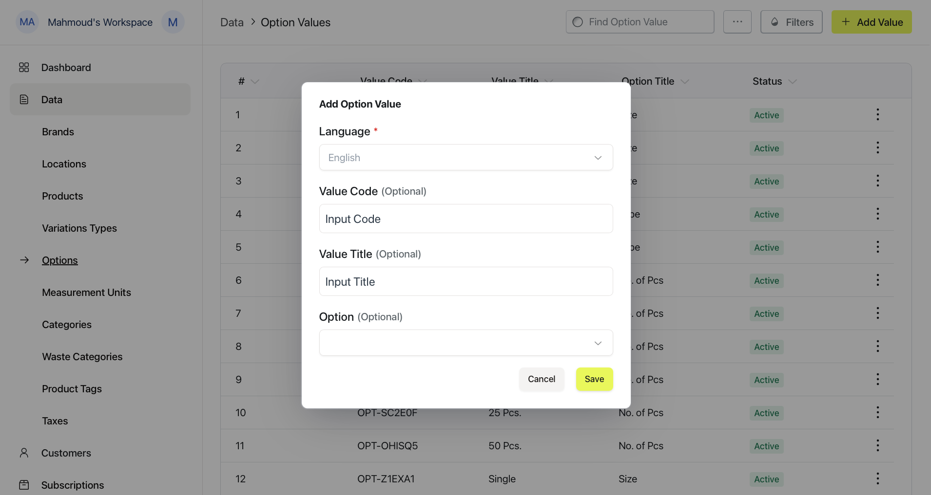 The Add Option Value form with Language, Value Code, Value Title, and Option