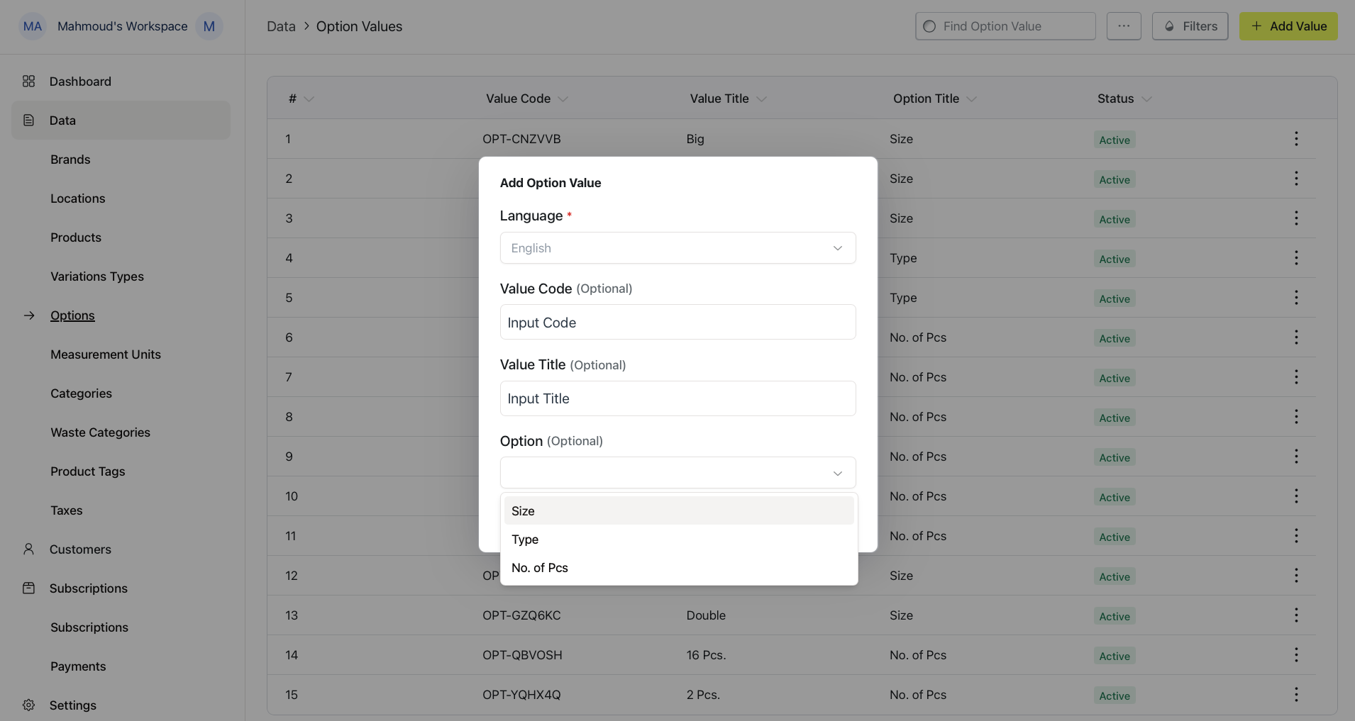 The Option dropdown listing existing types Size, Type, and No. of Pcs