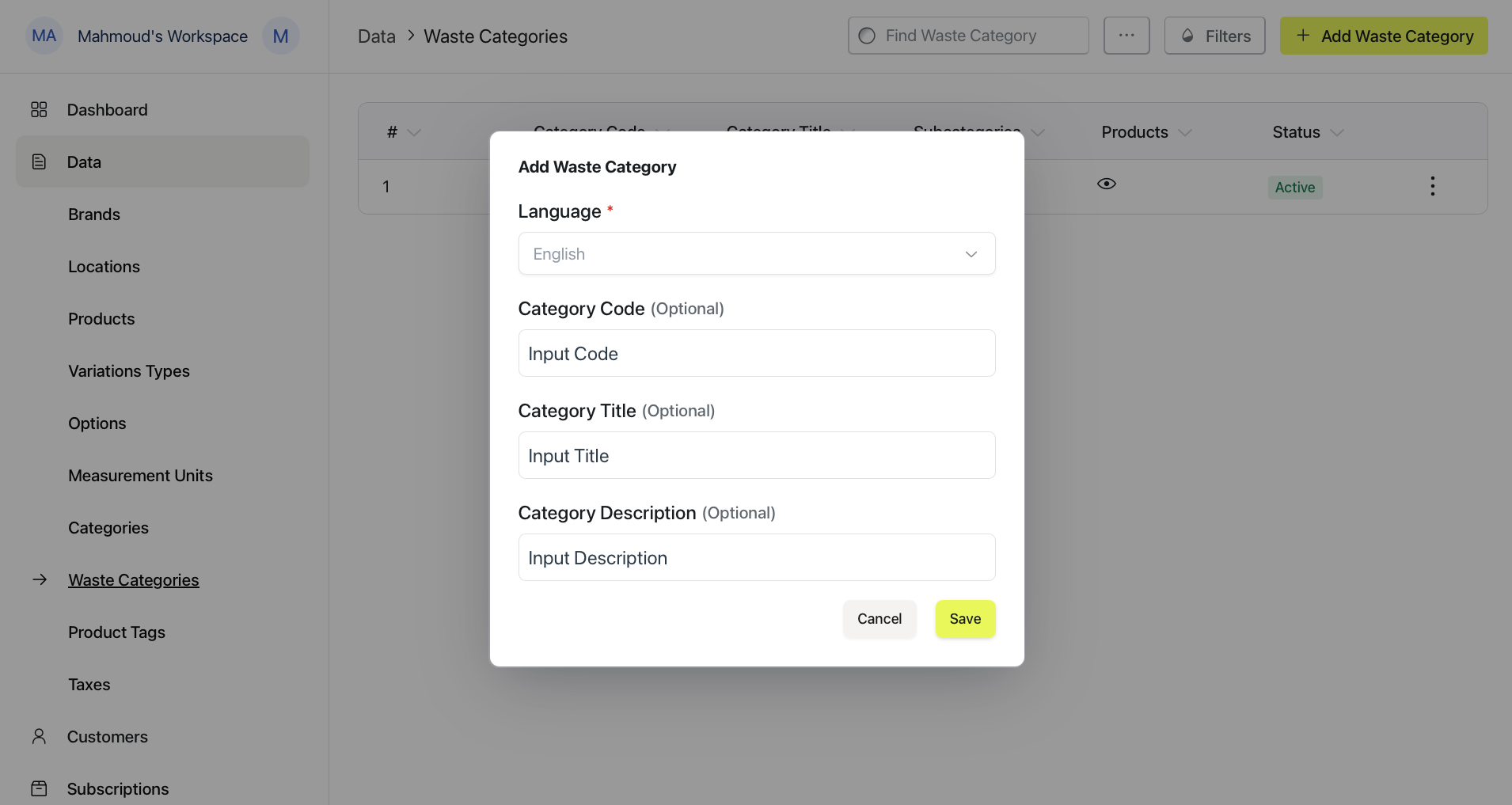 The Add Waste Category form with Language, Category Code, Category Title, and Category Description
